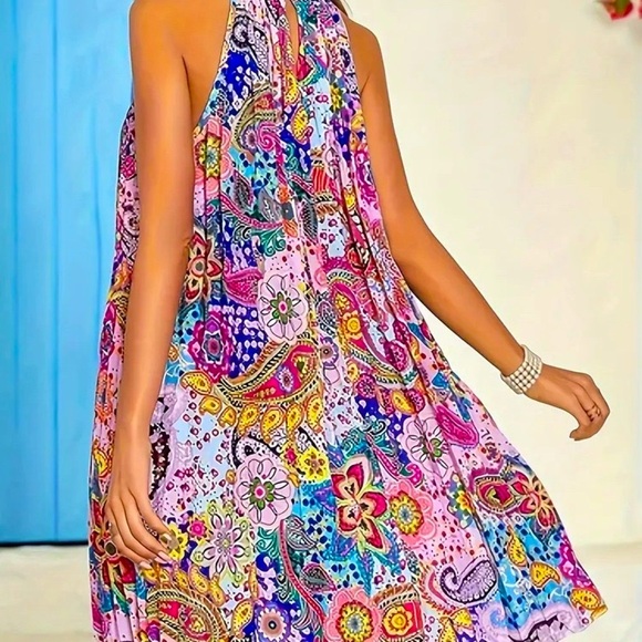 Paisley Halter Neck Pleated Midi Dress, NWOT - Picture 2 of 6